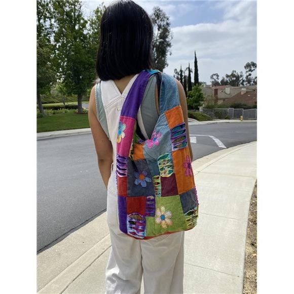 Happy Flowers Razor Cut Hippie Patchwork Sling Crossbody Boho Handbag Bohemian - Picture 3 of 6